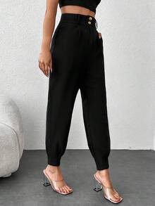 EURMUSE High Waist Slant Pocket Tapered Pants - Black - View 4