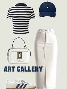 Qadelle 女士休闲条纹短袖修身T恤，夏季 - 藍白色 - 查看 2