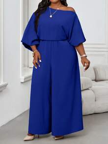 SHEIN Lady 秋冬季优雅复古工作休闲香槟色编织露肩舞会礼服主教袖露背新款大码连体裤 - 寶藍色 - 查看 4