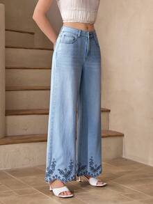 Selenza Women's Casual Everyday Denim Jeans With Pockets And Floral Embroidery Design - Blue - View 5