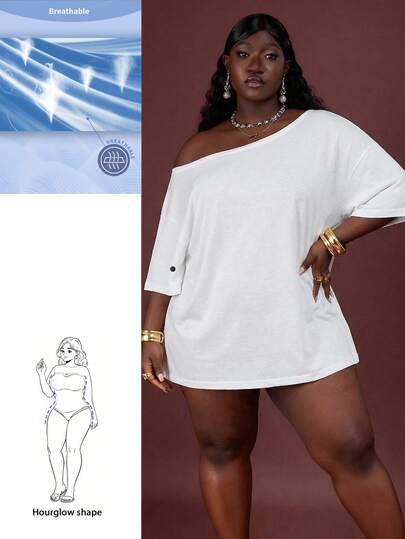Hourglow Camiseta de manga media de uso diario versátil y casual con hombro asimétrico de unicolor para mujer de talla grande