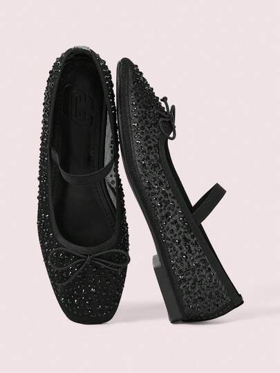 CUCCOO DOLLMOD Zapatos de mujer de primavera y verano, moda negra, malla de diamantes completa, pequeño lazo, banda elástica, zapatos planos elegantes, cómodos, transpirables y lindos tipo Mary Jane para mujer