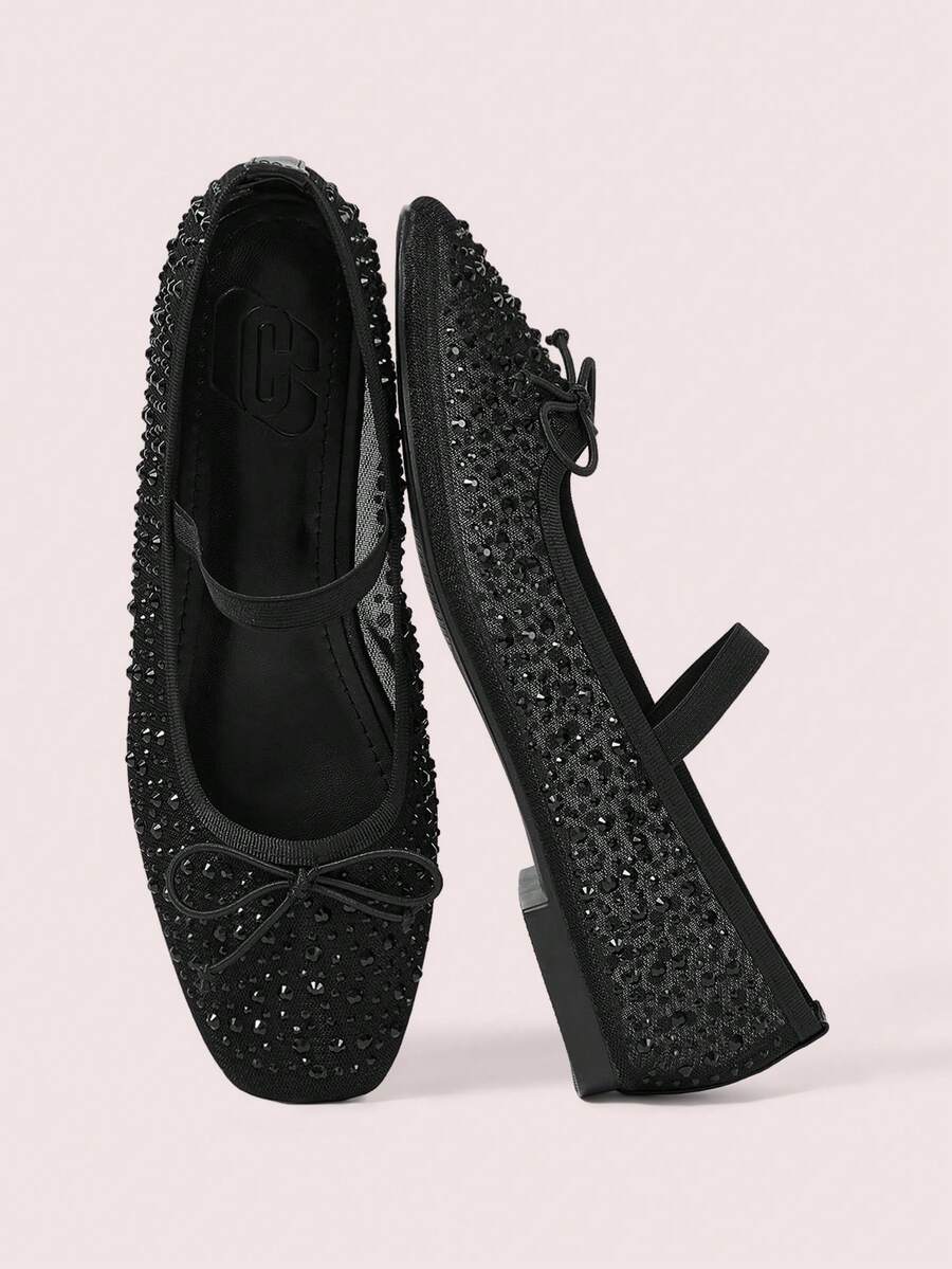 CUCCOO DOLLMOD Giày nữ thời trang xuân hè màu đen họa tiết kim cương, chất liệu lưới, nơ nhỏ, dây chun, giày bệt nữ thanh lịch, thoải mái, thoáng khí, dễ thương, kiểu Mary Jane. - Màu đen 1 - Xem 1