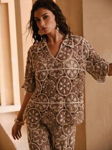 Swim Chiccia 女士优雅新款镂空沙滩罩衫，常规短袖钩针沙滩度假罩衫，夏季 - 棕色 - 查看 7