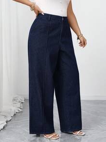 Elenzga Plus Size Women Elegant Comfortable Dark Blue Non-Stretch Flare Jeans - Dark Wash - View 5