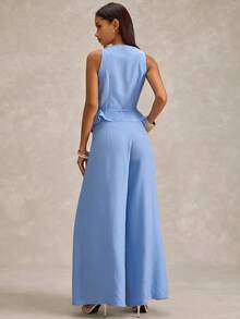 SHEIN Women Modern Blue Vest And Pants Fake Linen - Blue - View 2
