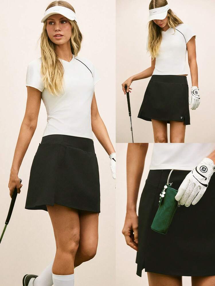 16" Swing And Stride Silky-Smooth Sweat-Wicking Quick-Dry UPF 50+ Built-In Shorts Storage Pockets Golf Mini Skirt Low Impact Tennis Pickleball Daily Casual Wear