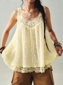 SoleilVie Women's Minimalist Patchwork Trim Camisole - Light Yellow - View 5