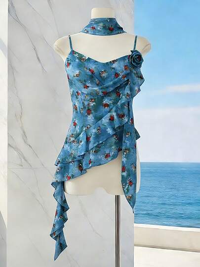 GlowEve Women's Floral Pattern Casual Top, Elegant Holiday, Summer Flower Decor Beach Daily Wear Asymmetric Hem Camisole Top