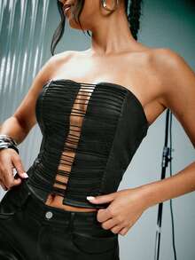 Denimoi 仿皮铆钉细节镂空性感束身胸衣 GNO 夜店装 演唱会服装 女孩之夜 - 黑色 - 查看 1