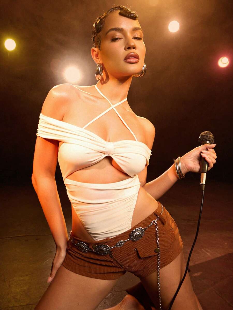 Hauture Women's Sexy Hollow Out Halter Neck Tie Back Ruched Bodycon Bodysuit - Khaki - View 1