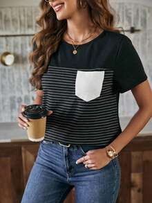 SHEIN LUNE Áo thun nữ cổ tròn tay ngắn kẻ sọc phối nhiều màu, kiểu dáng thường ngày, có túi, thích hợp mặc đi học, áo thun nữ tay ngắn kẻ sọc, áo thun nữ mùa hè. - màu đen - Xem 6