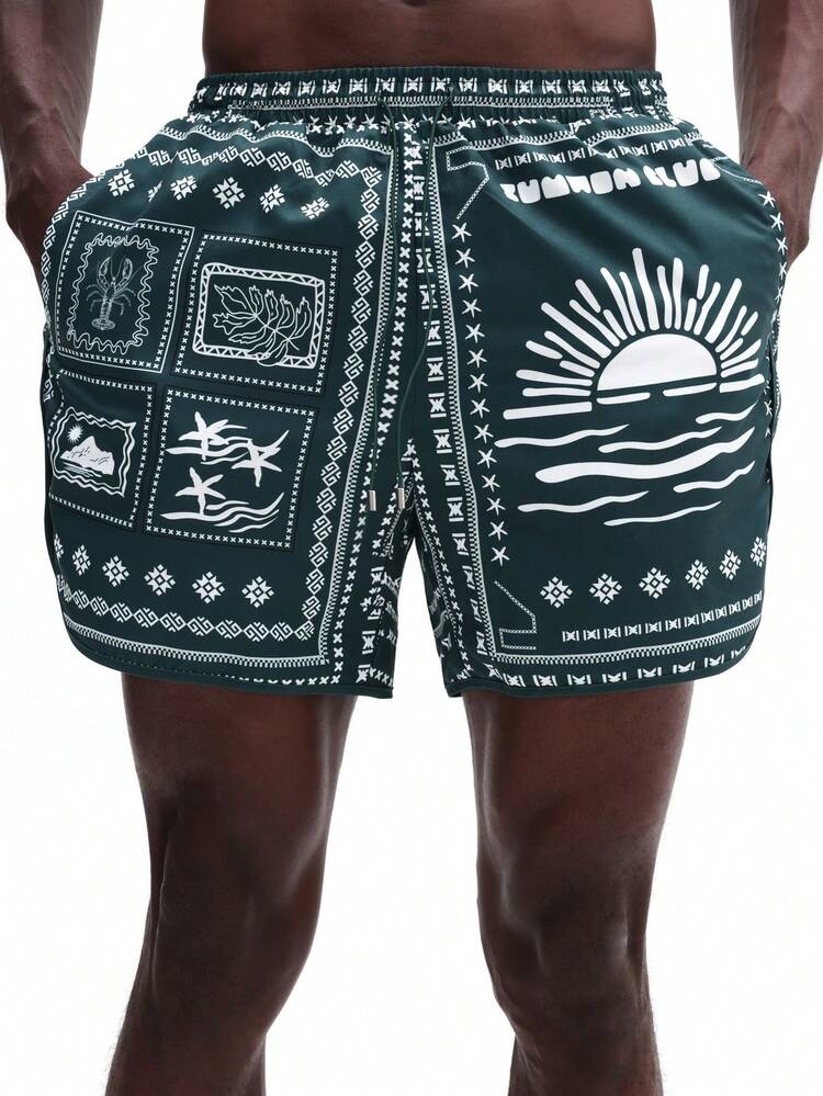 Pantaloncini da spiaggia con stampa bandana e motivo tramonto