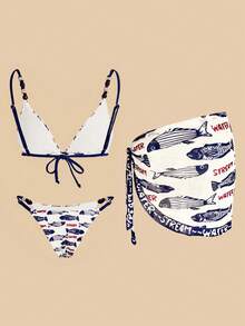 Travachic Bộ bikini gồm áo khoác ngoài và váy in hình cá, họa tiết cá, đính cườm nhiều màu ngẫu nhiên, thích hợp cho kỳ nghỉ biển. - Màu xanh lam - Xem 2