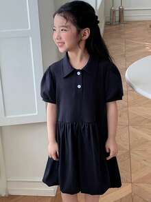 DAZY Young Girls Collared Short Sleeve Dress, Fall Outfit Summer - Navy Blue - View 6