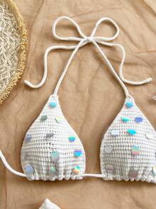 Soleia Conjunto de 2 piezas de top corto de punto con escote halter con lentejuelas y minifalda de punto para vacaciones de mujer - Blanco - Ver 4