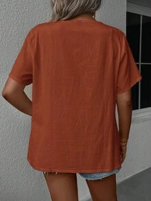 EMERY ROSE Áo kiểu nữ cỡ lớn, màu trơn, phối ren, cổ chữ V, tay ngắn, kiểu dáng thường ngày. - Rỉ Nâu - Xem 2