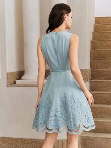 Đầm ngắn dáng chữ A không tay cổ tròn màu xanh dương trơn thanh lịch dành cho nữ của Anewsta, vạt bèo bất đối xứng, kèm thắt lưng da PU cùng màu, thích hợp cho mùa xuân/hè, đi biển, nghỉ lễ, đám cưới, đi học và các dịp hàng ngày. - Màu xanh lam - Xem 6