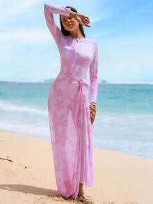 Swim Shayni Women's 3-Piece Set: Pink Floral Print Long Sleeve Half-Zip Jumpsuit, Pale Pink Pants, And Mesh Maxi Skirt Burkini - Multicolor - View 1