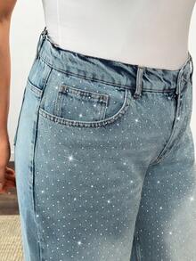 SHEIN Women Rhinestone Embroidery Fashionable Washed Detail High-Rise Wide Leg Elastic Waist Plus Size Denim Jeans - Medium Wash - View 4