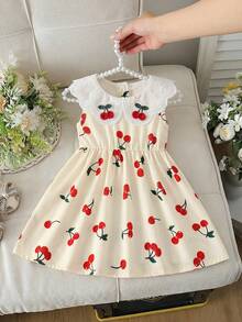 Vintaside Kids 1件女婴夏季新款樱桃印花刺绣领3D樱桃装饰纽扣后背休闲公主裙，乡村可爱百搭款 - 杏色 - 查看 4