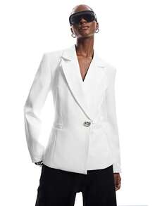 Aveloria Affinna White Backless Women's Blazer, High-End Wide Shoulder Silhouette, Metal Asymmetric Buckle Minimalist Deconstructed Style Women's Blazer - White - View 6