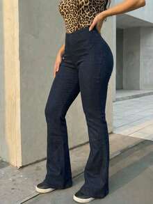Jeggins dama mujer talle alto tipo acampanados flare ajuste elástico en cintura cómodo ligero moda juvenil versátil stretch - Azul lavado oscuro - Ver 4