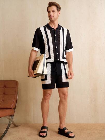 Manfinity RSRT Men's Vacation Casual Contrast Color Hollow-Out Knit Top And Shorts Set