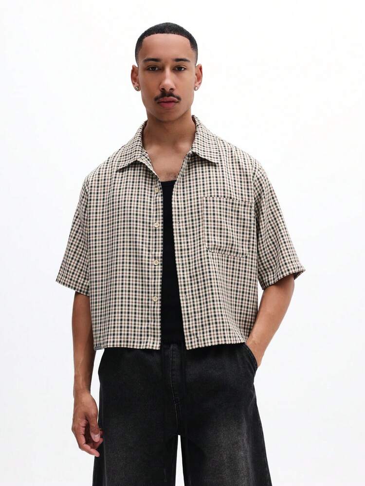 Męska koszula w kratkę Gingham z krótkim rękawem i guzikami, z nadrukiem na plecach, z krótkim rękawem i kołnierzykiem, w stylu casualowym na wiosnę i lato