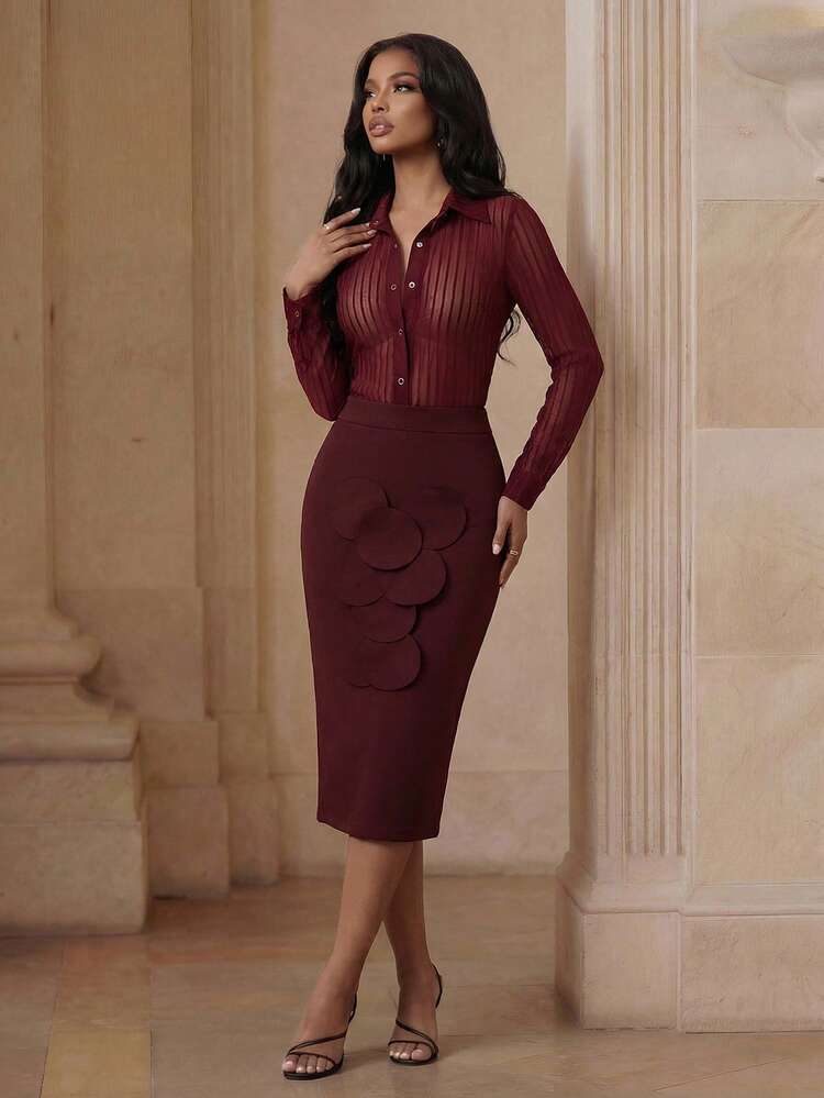 Sexy European & American 3D Floral High Waist Slit Bodycon Mini Skirt, Red, Party
