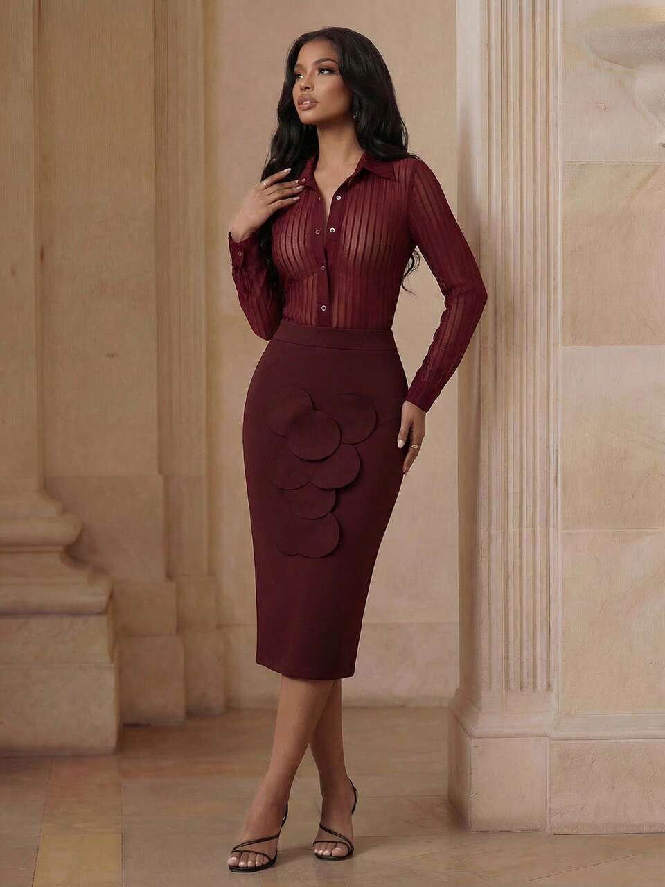 Sexy European & American 3D Floral High Waist Slit Bodycon Mini Skirt, Red, Party