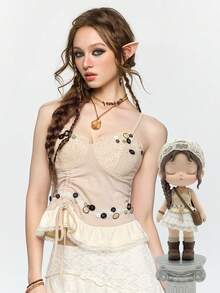 ROMWE Fairycore 蕾丝拼接褶皱不对称纽扣性感女式背心 - 米色 - 查看 1