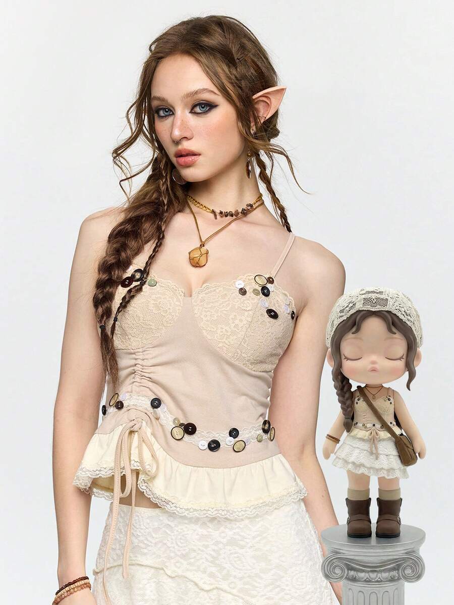 ROMWE Fairycore 蕾丝拼接褶皱不对称纽扣性感女式背心 - 米色 - 查看 1