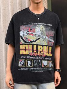 Open Phase 男士休闲做旧雪花印花复古T恤，春夏款，美式复古风，男女皆宜，宽松版型夏季服装——适合日常穿着和夏季度假穿着。 - 黑色 - 查看 6