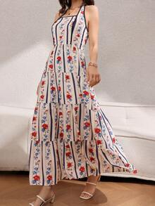 Rafferiza 女士优雅印花方领吊带连衣裙 - 彩色 - 查看 6