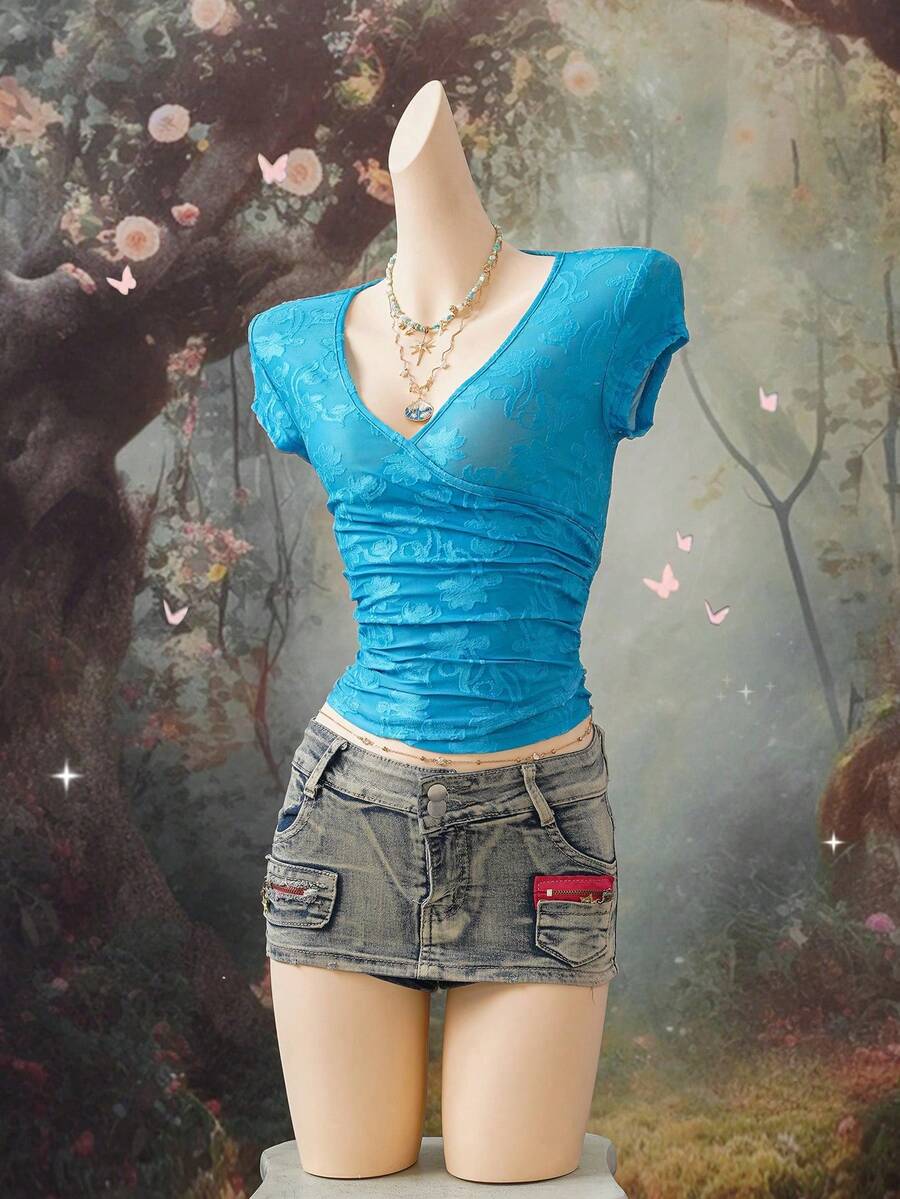 EgrlEra 女士蓝色针织蕾丝上衣 - 藍色 - 查看 1