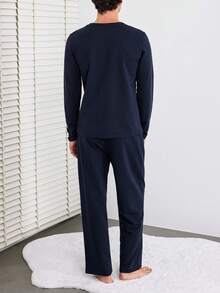 RueChic 100%Cotton Men Slogan Graphic PJ Set - Navy Blue - View 2