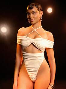 Hauture Women's Sexy Hollow Out Halter Neck Tie Back Ruched Bodycon Bodysuit - Khaki - View 6