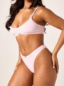 Missguided x Playboy Ribbed Scoop Bralette Thong Panty Set Light Pink Intimates Lingerie - Pink - View 5