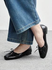 CUCCOO BIZCHIC Glossy Black Square Toe Lace-Up Flat Shoes, Practical & Minimalist Design, Versatile For Work Commute Spring Shoes - Black - View 3