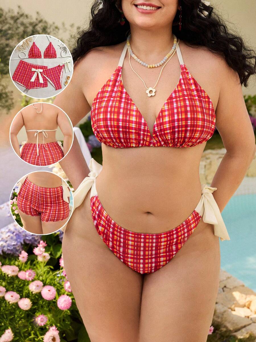 Swim Mod Bộ đồ bơi 3 mảnh cỡ lớn, họa tiết kẻ caro với dây buộc vai, quần bơi đồng bộ, thích hợp cho khu nghỉ dưỡng, bãi biển, hồ bơi. - Nhiều màu - Xem 1