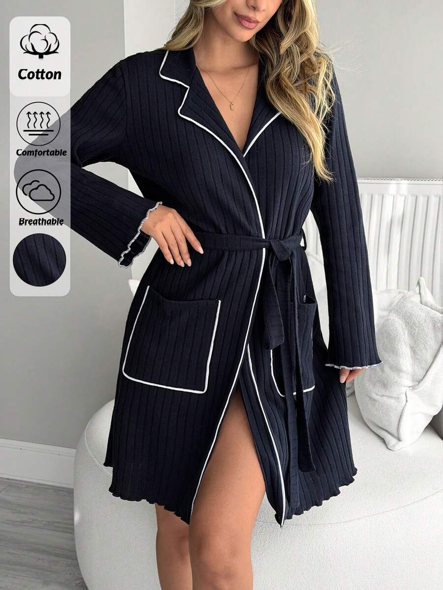 SHEIN Women Cotton Rib Knit With Contrast Colour Piping Wiht Pocket Detail Belted Homewear Long Sleeved & Long Homewear Lounge Robe - Navy Blue - View 1
