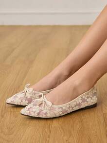 CUCCOO HITCHD Zapatos de ballet con punta puntiaguda, malla transpirable y lazo. Zapatos elegantes y versátiles de color beige con diseño slip-on para dama - Beis - Ver 4