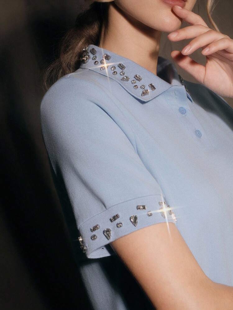 Anewsta Spring/Summer New Casual Holiday Knit Short Sleeve Embellished With Rhinestones Polo Versatile Slimming Elegant Blouse For Women