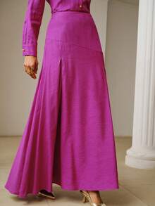 ZEYLAH 亚麻极简拼接A字中长裙，春夏款 - 玫紅色 - 查看 2