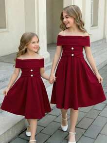 SHEIN Đầm chữ A màu đỏ tía trơn thanh lịch dành cho bé gái tuổi teen, kiểu dáng trễ vai đính đá lấp lánh. - Màu Đỏ Sâu - Xem 6