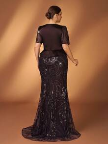 Serin 大码优雅奢华珍珠串珠亮片刺绣网纱袖钻石美人鱼礼服，适合婚礼、派对、度假、新娘、新娘母亲晚礼服 - 咖啡棕 - 查看 3