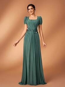 Serin Đầm maxi sang trọng, thanh lịch với chất liệu ren đính cườm và họa tiết ghép mảnh, tay áo xếp ly, chất liệu dệt kim co giãn, thích hợp cho đám cưới, tiệc tùng, lễ hội, cô dâu, hoặc váy dạ hội dành cho mẹ cô dâu. - màu xanh lá - Xem 6