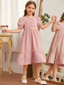 SHEIN Young Girl Woven Solid Color Round Neck Puff Sleeve Casual Dress Dusty Rose Dress Kids Kids Paris Dress Girls Puffy Sleeve Dress Girls Spring Autumn French Style Dress Mauve Dress For Kids Tea Party Dress Lilas Dress For Girls Girls Puff Sleeve Dress - Beige - View 1