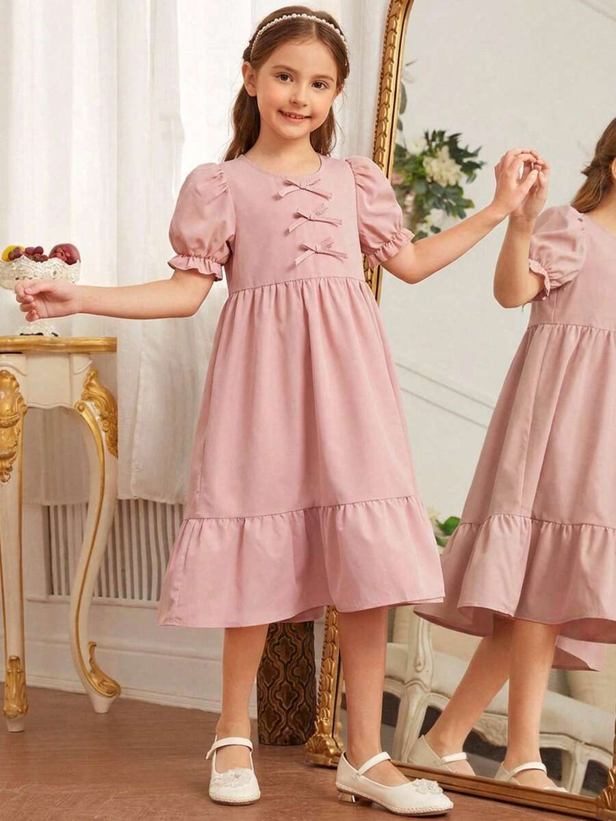 SHEIN Young Girl Woven Solid Color Round Neck Puff Sleeve Casual Dress Dusty Rose Dress Kids Kids Paris Dress Girls Puffy Sleeve Dress Girls Spring Autumn French Style Dress Mauve Dress For Kids Tea Party Dress Lilas Dress For Girls Girls Puff Sleeve Dress - Beige - View 1